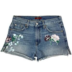 7 For All Mankind Hand-Painted Floral Jean Shorts Women's 27" Grunge Denim USA